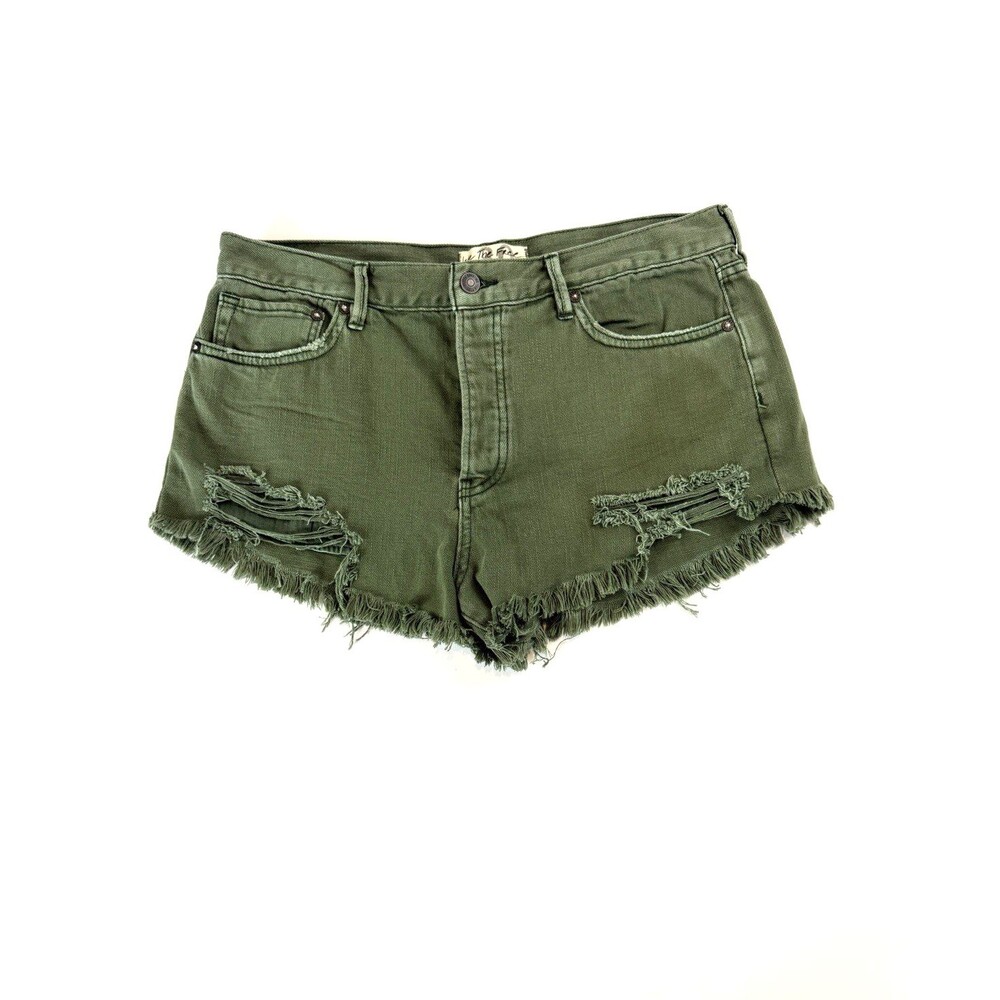 Free People We The Free Distressed Denim Shorts Green Raw Hem Size 30 Boho